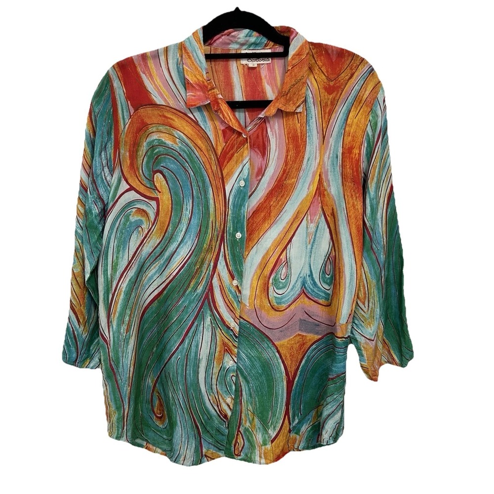 Antica Sartoria Button Up Blouse Sz 2 (S/M)  Colorful Abstract Boho Tunic Artsy‎